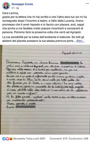 Vallo della Lucania - La lettera di Lavinia per il presidente del consiglio Giuseppe Conte