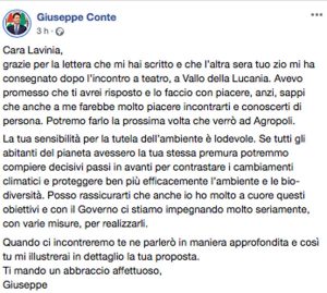 Vallo della Lucania - La risposta di Giuseppe Conte alla lettera di Lavinia che lancia un appello contro l'uso eccessivo della plastica