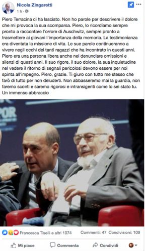Il post di Nicola Zingaretti sulla morte di Piero Terracina