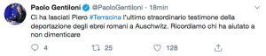 Il Tweet di Poalo Gentiloni sulla morte di Piero Terracina