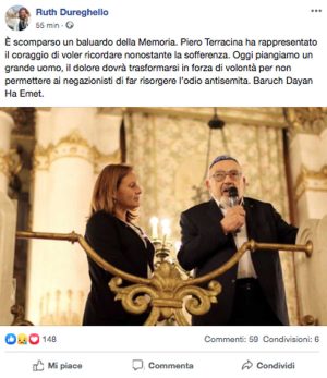 Il post di Ruth Dureghello sulla morte di Piero Terracina