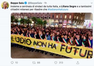 Il Tweet di Beppe Sala sulla marcia per Liliana Segre
