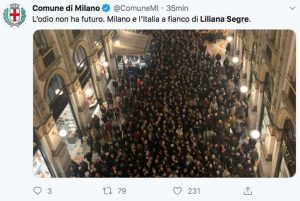 Il Tweet del comune di Milano sulla marcia per Liliana Segre