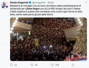 Il Tweet di Nicola Zingaretti sulla marcia per Liliana Segre