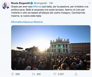 Il Tweet di Nicola Zingaretti sulle Sardine in piazza San Giovanni