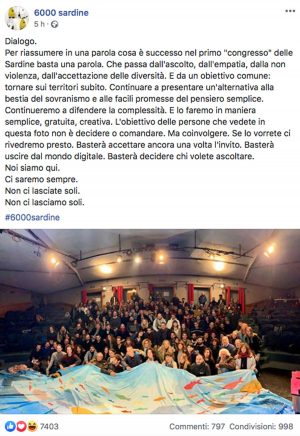 Il post degli organizzatori del movimento delle Sardine al termine del congresso
