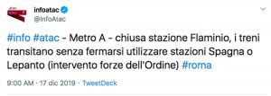 Roma - Il Tweet dell'Atac per la chiusura della stazione Flaminio