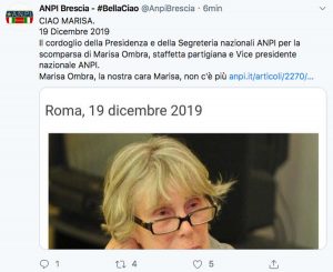 Il Tweet dell'Anpi per la morte di Marisa Ombra