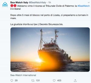 Il Tweet di Sea watch che annuncia il dissequestro della nave
