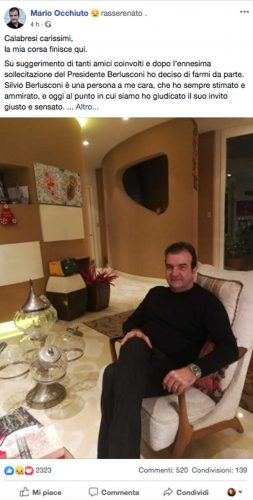 Il post di Mario Occhiuto che annuncia il suo ritiro dalle regionali 