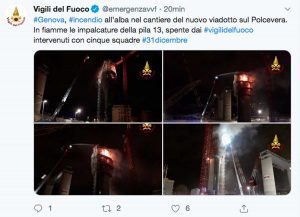 Genova - Il Tweet dei vigili del fuoco sull'incendio nel cantiere del nuovo ponte di Genova