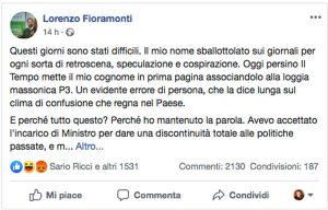 Il post su Facebook di Lorernzo Fioramonti con cui comunica di lasciare il M5s