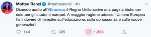 Il Tweet di Matteo Renzi sulla possibile sospensione del progetto Erasmus per via della Brexit 