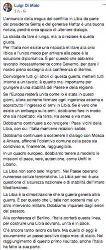 Il post di Luigi Di Maio sulla crisi in Libia