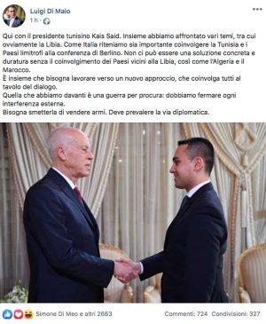 Il post di Luigi Di Maio sull'incontro con il presidente tunisino