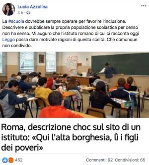 La ministra dell'Istruzione Lucia Azzolina interviene sulla "divisione" di alunni in un istituto scolastico