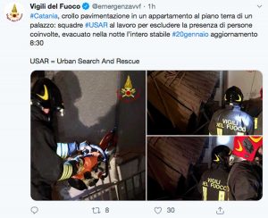 Catania - Il Tweet dei vigili del fuoco per il crollo della palazzina 