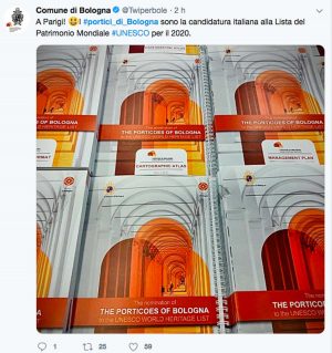 Il Tweet del comune di Bologna sulla candidatura Unesco dei portici 