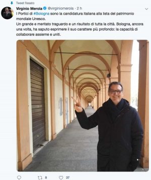 Bologna - Il Tweet del sindaco Virginio Merola sulla candidatura dei portici a patrimonio dell'Unesco