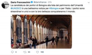 Il Tweet di Dario Franceschini sulla candidatura dei portici a patrimonio dell'Unesco