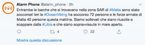 Il Tweet di Alarm Phone sui salvataggi in mare della Ocean viking