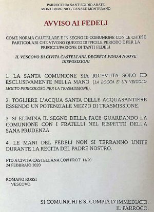 Coronavirus - Le norme della diocesi per la celebrazione della messa