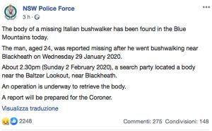 Il post su Facebook della polizia che annuncia il ritrovamento di un viaggiatore italiano scomparso sulle Blue Mountains