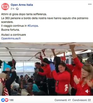 Il post su Facebook della Open arms, autorizzata a entrare al porto di Pozzallo