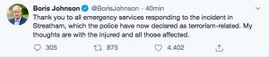 Il Tweet di Boris Johnson in merito all'aggressione 