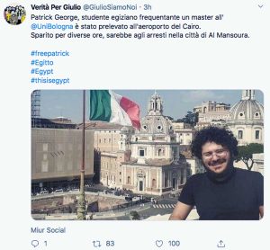 Il Tweet di 'Verità per Giulio' in merito all'arresto di Patrick George Zaky