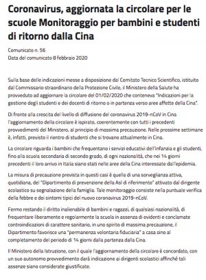 Roma - Coronavirus, l'aggiornamento della circolare per le scuole 