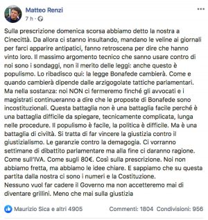 Il post di Matteo Renzi sulla prescrizione