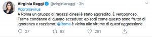 Roma - Il Tweet di Virginia Raggi in merito all'aggressione subìta da un gruppo di cinesi nella capitale