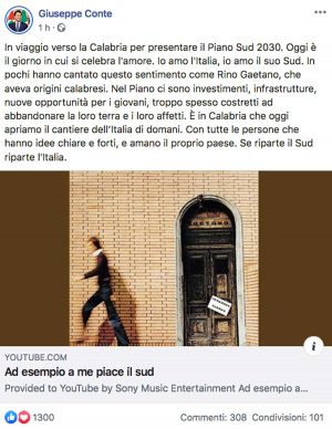 Il post su Facebook di Giuseppe Conte per annunciare il piano per il sud