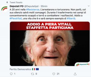 Un Tweet della pagina 'I deputati del Pd' che annuncia la morte di Piera Vitali