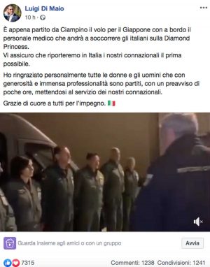 Il post di Luigi Di Maio su Facebook che annuncia la partenza del volo per raggiungere gli italiani sulla Diamond Princess