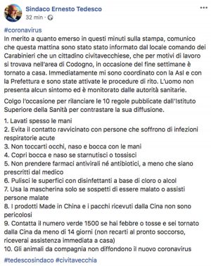Civitavecchia - Coronavirus, il post del sindaco Ernesto Tedesco sul cittadino civitavecchiese rientrato da Codogno