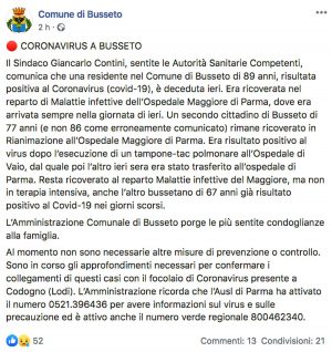 Busseto - La comunicazione, sulla pagina Facebook del comune, della morte di una donna contagiata da coronavirus 