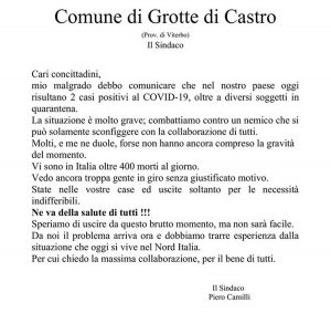 Coronavirus - La lettera del sindaco Piero Camilli alla città di Grotte di Castro