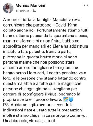 Il post della famiglia Mancini che rende noto l'esito dei tamponi