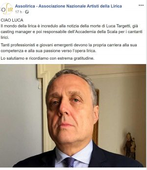 Il post dell'associazione nazionale artisti della lirica che annuncia la morte di Luca Targetti