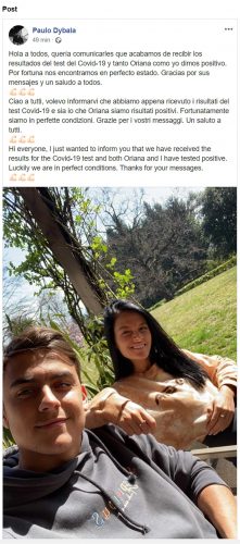 Il post in cui Paulo Dybala dichiara di essere risultato positivo al coronavirus