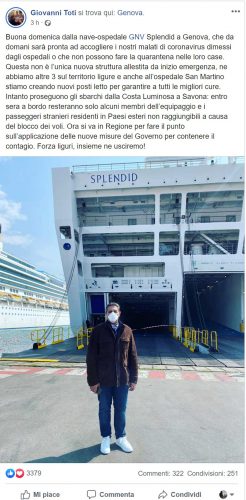 Emergenza coronavirus, Il post in cui Giovanni Toti spiega che è stata allestita una nave per la quarantena