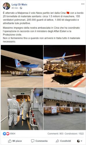 Il post di Luigi Di Maio che annuncia gli aiuti dalla Cina per fronteggiare l'emergenza coronavirus