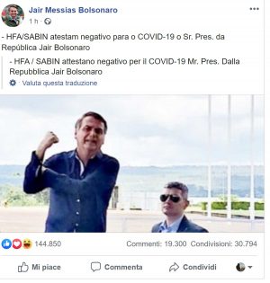 Il post su Facebook di Bolsonaro dopo essere risultato negativo al test sul coronavirus