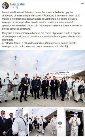 Il post di Luigi Di Maio che annuncia l'arrivo dei medici albanesi per l'emergenza coronavirus