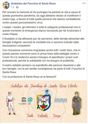 Viterbo - Il post in cui il Sodalizio annuncia la modifica del logo in ricordo delle vittime di Covid -19