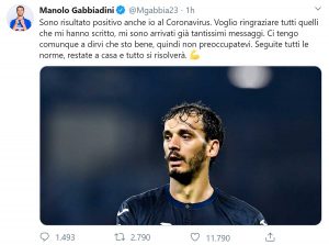 Il Tweet di Manolo Gabbiadini in cui dichiara di aver contratto il coronavirus