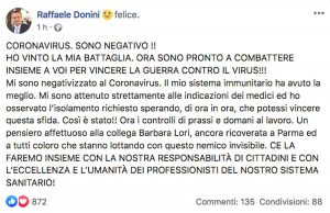 Il post di Raffaele Donini, assessore dell'Emilia Romagna,  che annuncia la sua guarigione dal coronavirus