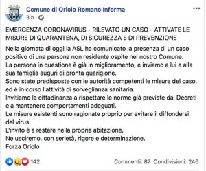 Coronavirus - Un caso positivo a Oriolo Romano - L'annuncio del comune